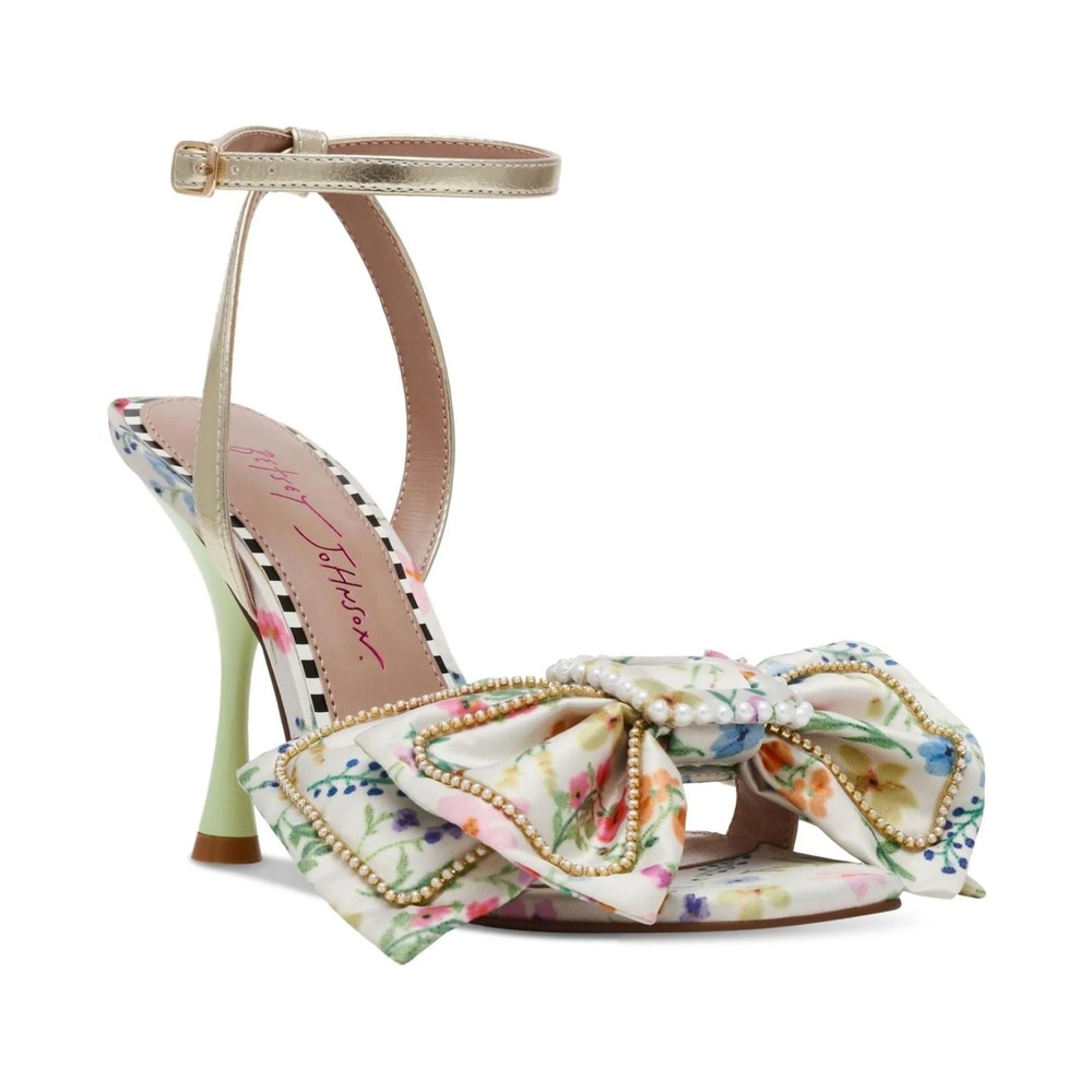 B69 Betsey Johnson Denly Bow Ankle Strap Sandal Womens 6 Natural Ditsy Feminine